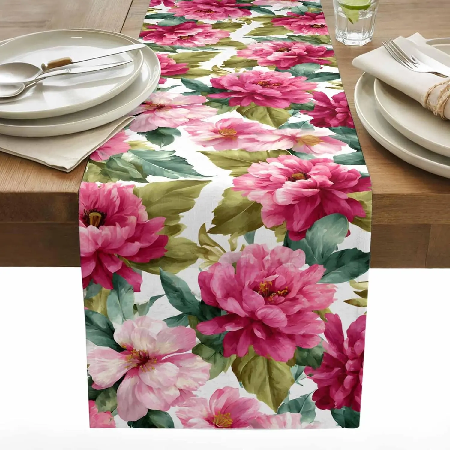 Red Flower Green Leaf Linen Table Runner Party Decor Mother's Day Gift Reusable Kitchen Dining Table Runner Wedding Decorations