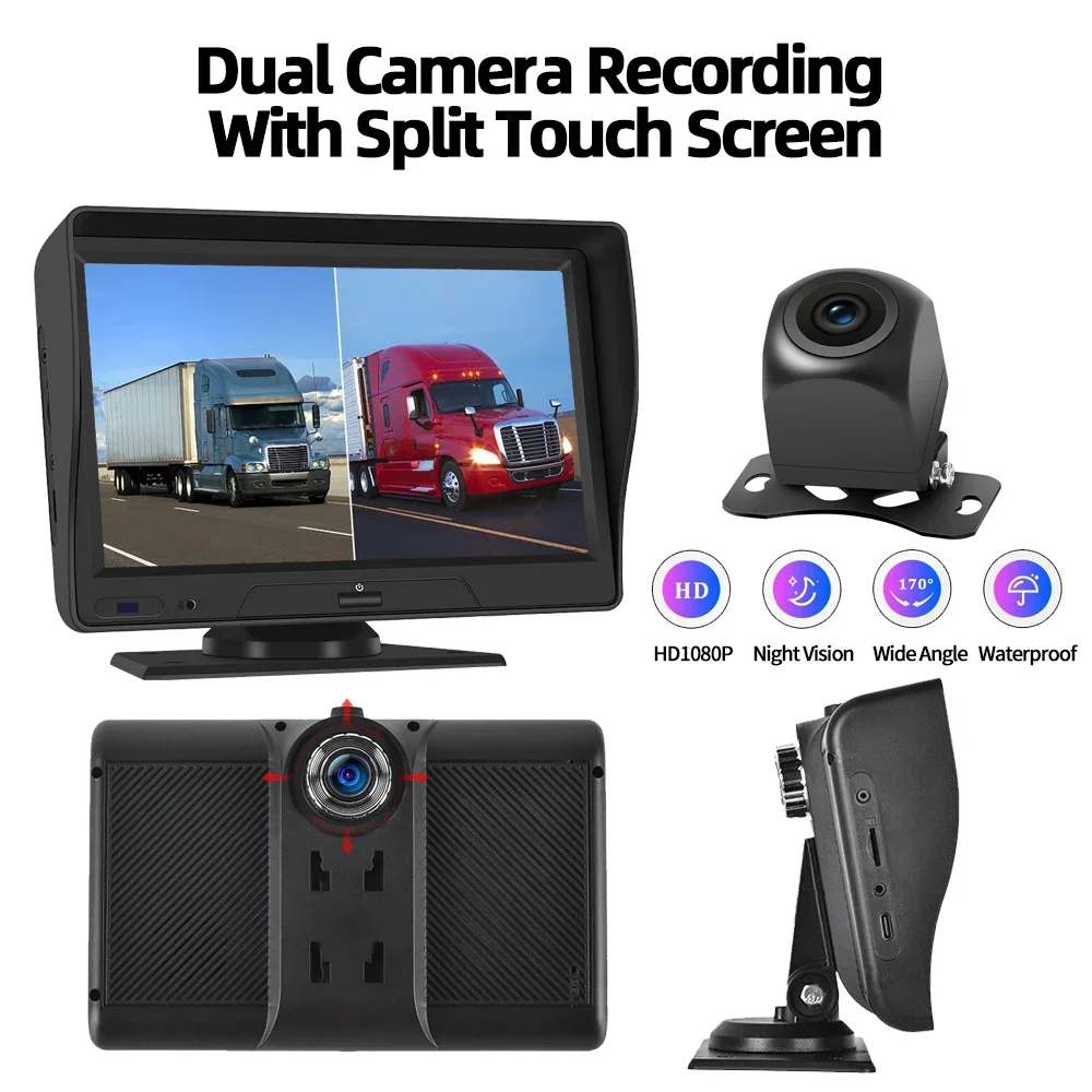 Dual Lens Sem Fio Dash Cam, Carplay, Gravador DVR Auto Android, Split IPS Touch Screen, Invertendo Monitor, Câmera de Rádio, FM, BT, 7