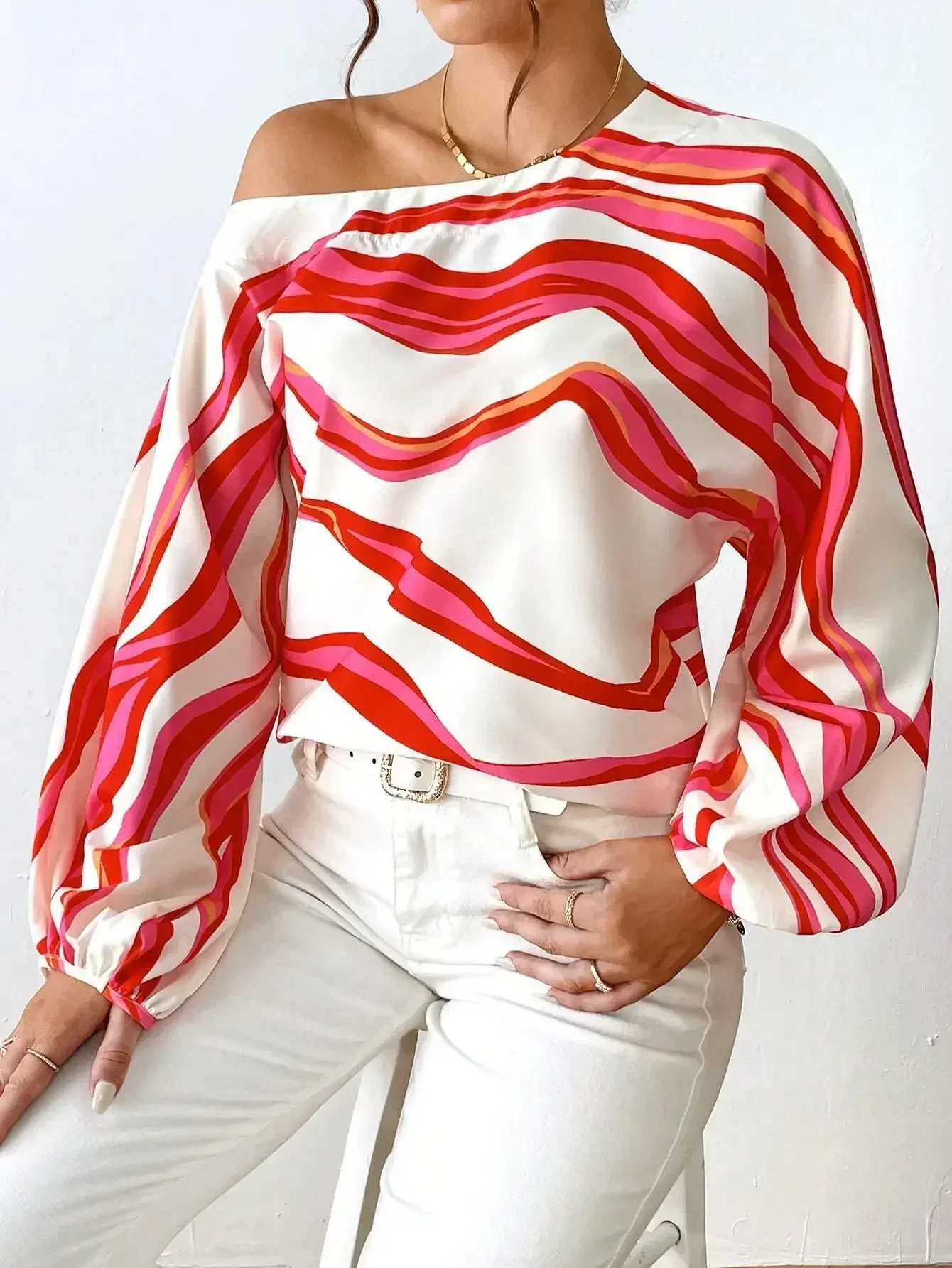 

Sexy Off Shoulder Striped Print Shirt Blouse Women Spring Autumn Fashion Lantern Sleeve Loose Casual Shirts Tops Femme