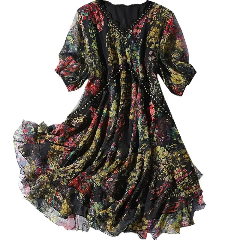 Temperament letni damski dekolt w serek nadruk patchworkowy moda elegancki pół rękawa luźna szyfonowa koszula średniej długości topy ZT316