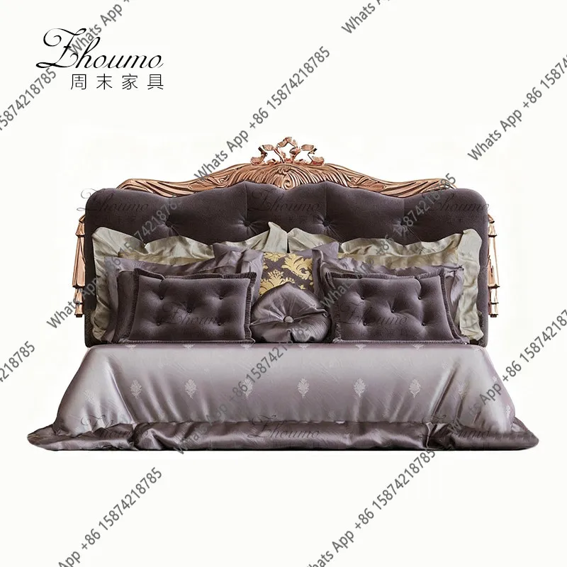American engraved pull-button fabric bed retro old simple double bed French light luxury soft bag backrest bed