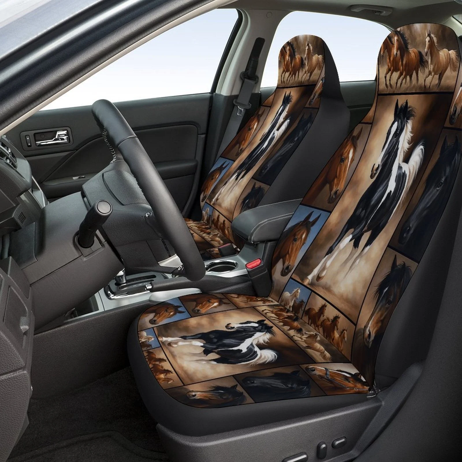 Set Of Car Seat Covers Featuring Horse-Themed Artwork, Suitable For A Variety Of Vehicles. Stylish And Unique, This Complete Set