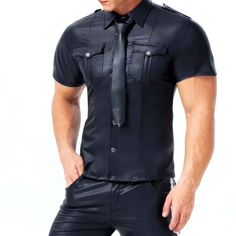 Men PU Leather T-shirt Tie Turn-down Collar Button Short Sleeve Tee Shirts Sexy Chemise Latex Clubwear Tops Streetwear Plus Size