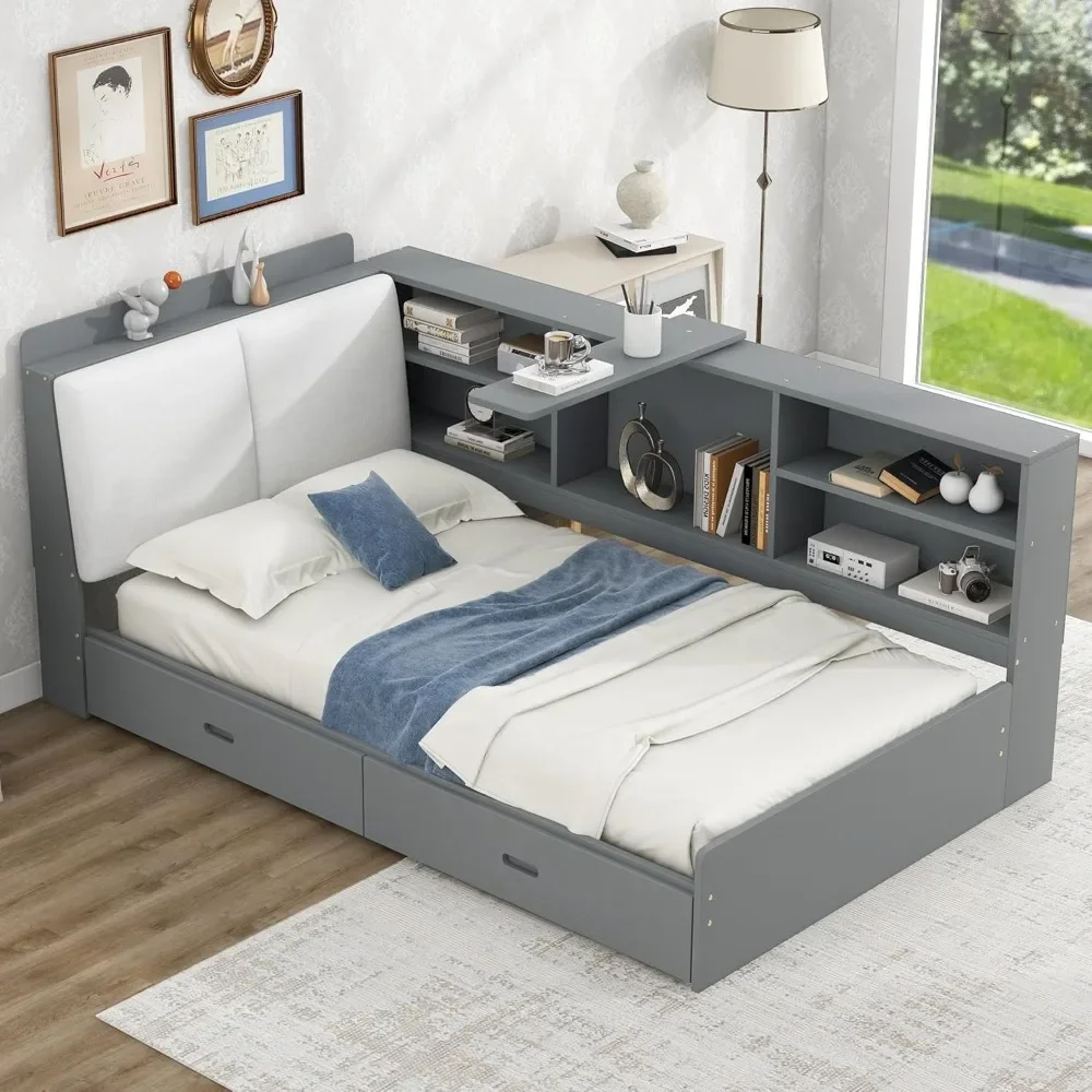 Wood L Shaped Twin Platform Bed Frame with Shelves, Twin Sofa Bed Frame, Twin Size Daybed with 2 Storage Drawers and Bookcase