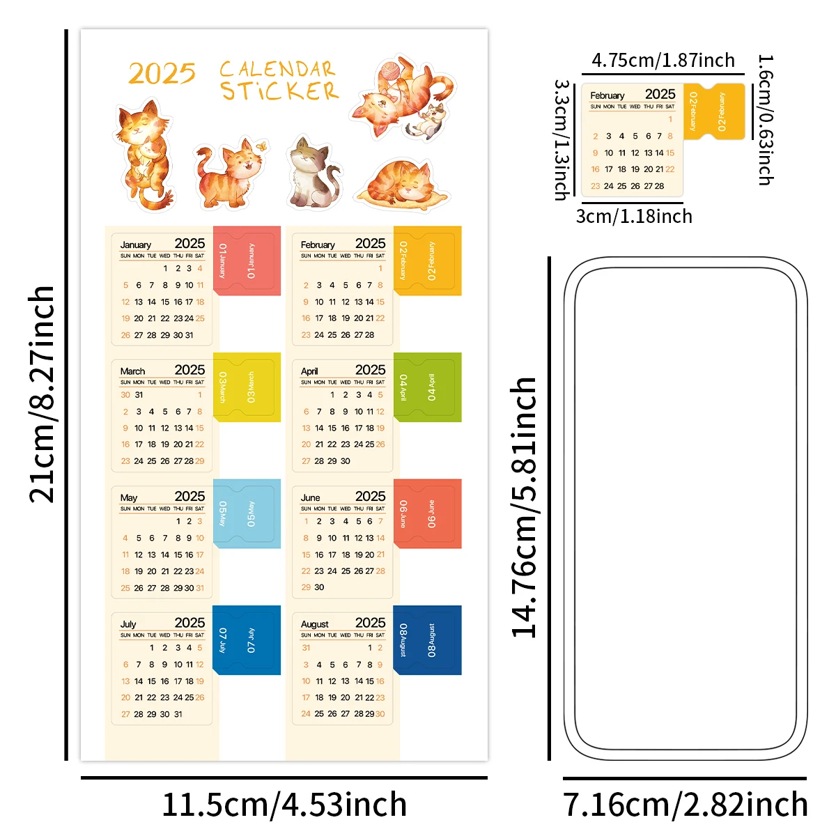 2025 Mini Calendar Stickers with Cute Cat Design,2 Sheets Monthly Index Tabs Planner Adhesive Divider for Your Planner and Diary