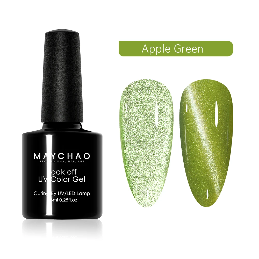 MAYCHAO Apple Green Cat Magnetic Gel Nail Polish 9D Laser Diamond Glitter Cat Eye Gel Semi-Permanent Soak Off UV LED Varnish