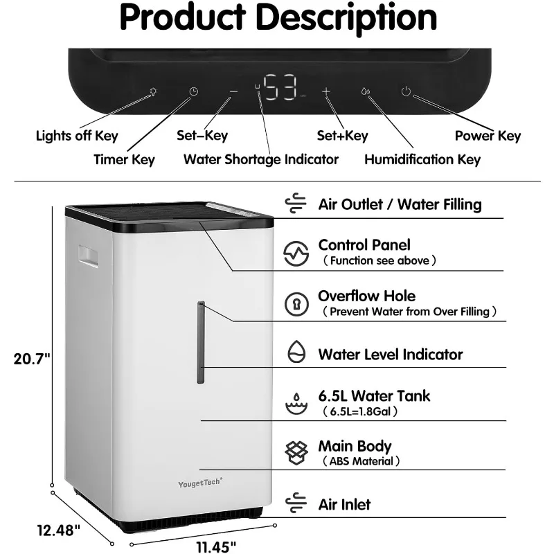 Humidificadores evaporativos para un gran espacio vivo, humidificador para toda la habitación con tanque de 6,5 l (1,8 gal), humidificadores sin niebla frescos de 30 W, 7 velocidades