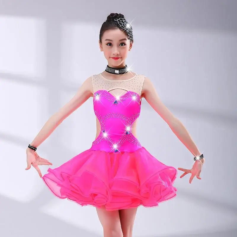 新しいラテンダンスドレス、ダイヤモンドプロ競技スカートセット、子供用パフォーマンスドレス、女の子用練習着