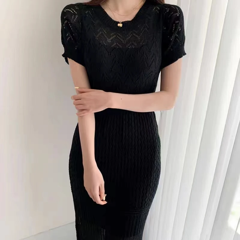 Korean Fashion Summer Dress Women Knitted Hollow Out Short Sleeve O-neck Slim Elegant Long Dresses Office Lady Vestidos Clothing