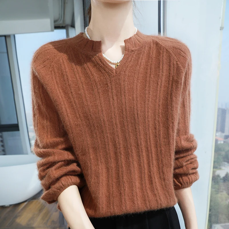 

Autumn Winter 100% Mink Cashmere Sweater Women New Solid Color Long Sleeve V-Neck Pullover Knitted Outerwear Leisure Style Tops