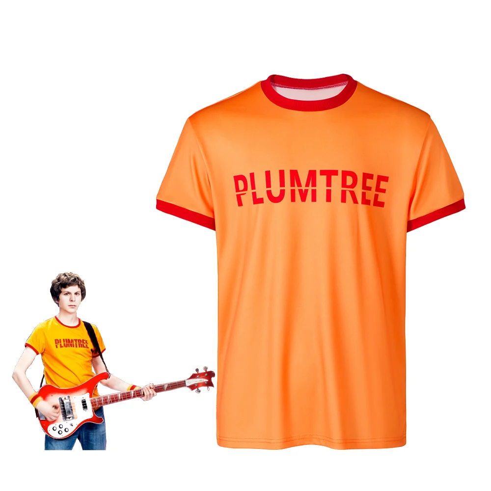 Scott Pilgrim Cosplay Plumtree Band Logo Costume Yellow Shirt Printed T-shirt Men Casual Short Sleeve Top Halloween Tee