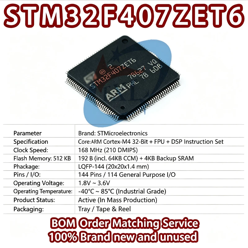 100% Brand New STM32F407 STM32F407ZET6 LQFP-144 ARM Cortex-M4 32-Bit microcontroller MCU 168MHz 512KB Integrated circuit chip IC