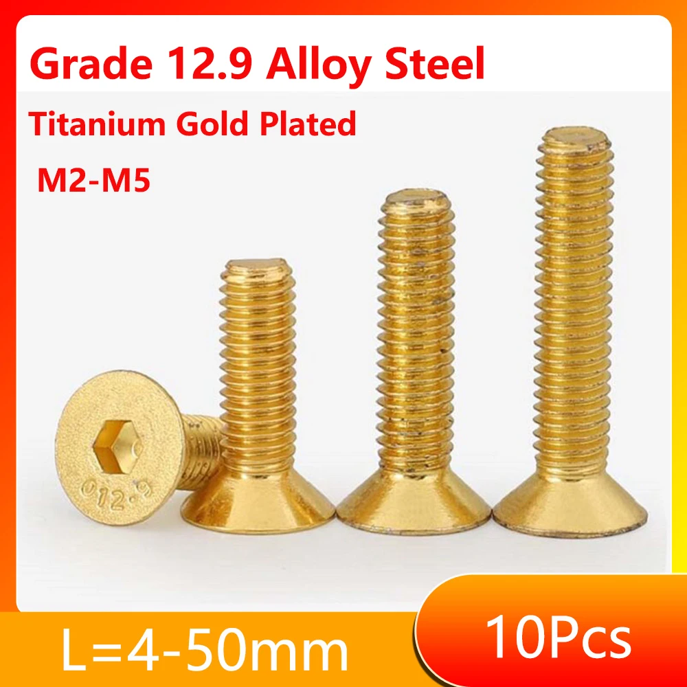 10Pcs M2/2.5/3/4/5 Grade 12.9 With Gloden colour Titanium Gold Plated Flat Hex Countersunk Head Screw Hot Sale Length4mm-40mm