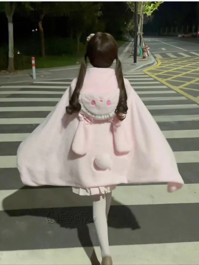 

Cartoon Rabbit Lolita Plush Shawl Cape Women Sweet Girl Cute Cartoon Embroidery Hooded Tie Cardigan Oversized Soft Kawaii Coats
