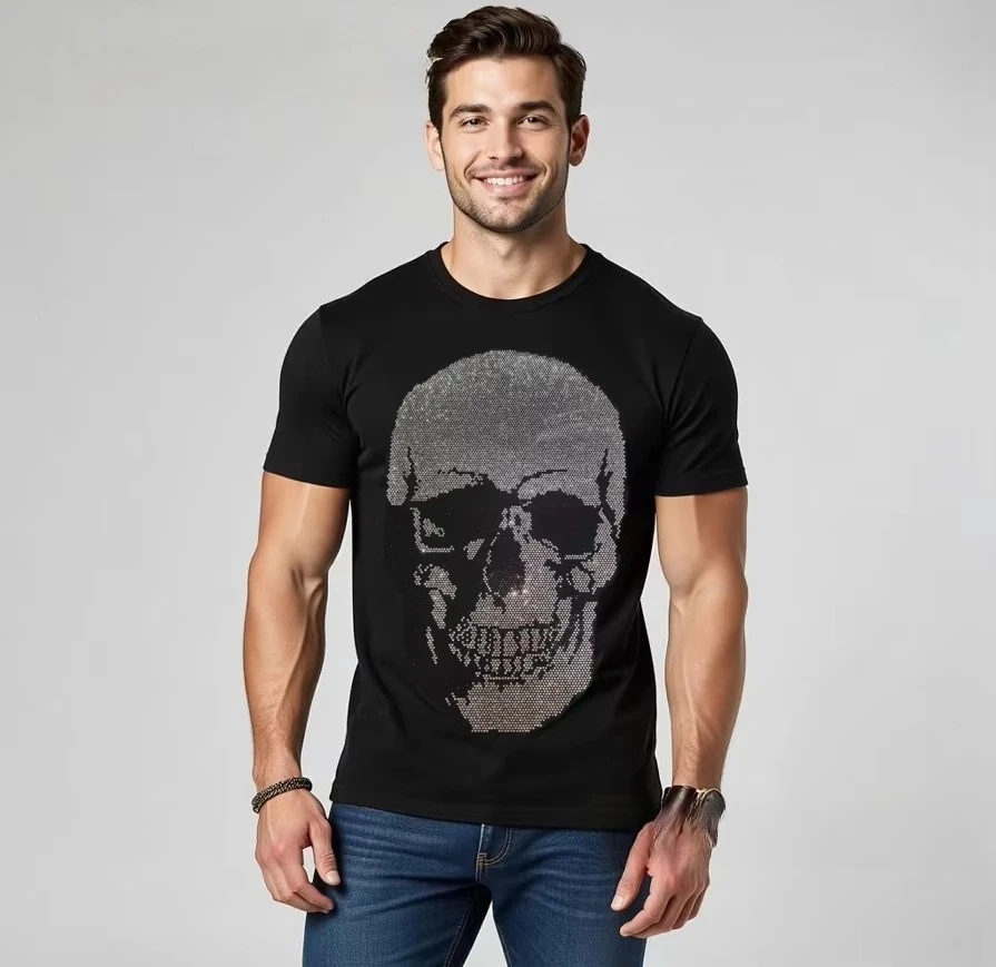 2026 Coole Luxus-Kristall-Strass-Herren-T-Shirts aus reiner Baumwolle mit O-Ausschnitt, kurzen Ärmeln, Sommer-Street-Style, weich und bequem – Detail 5