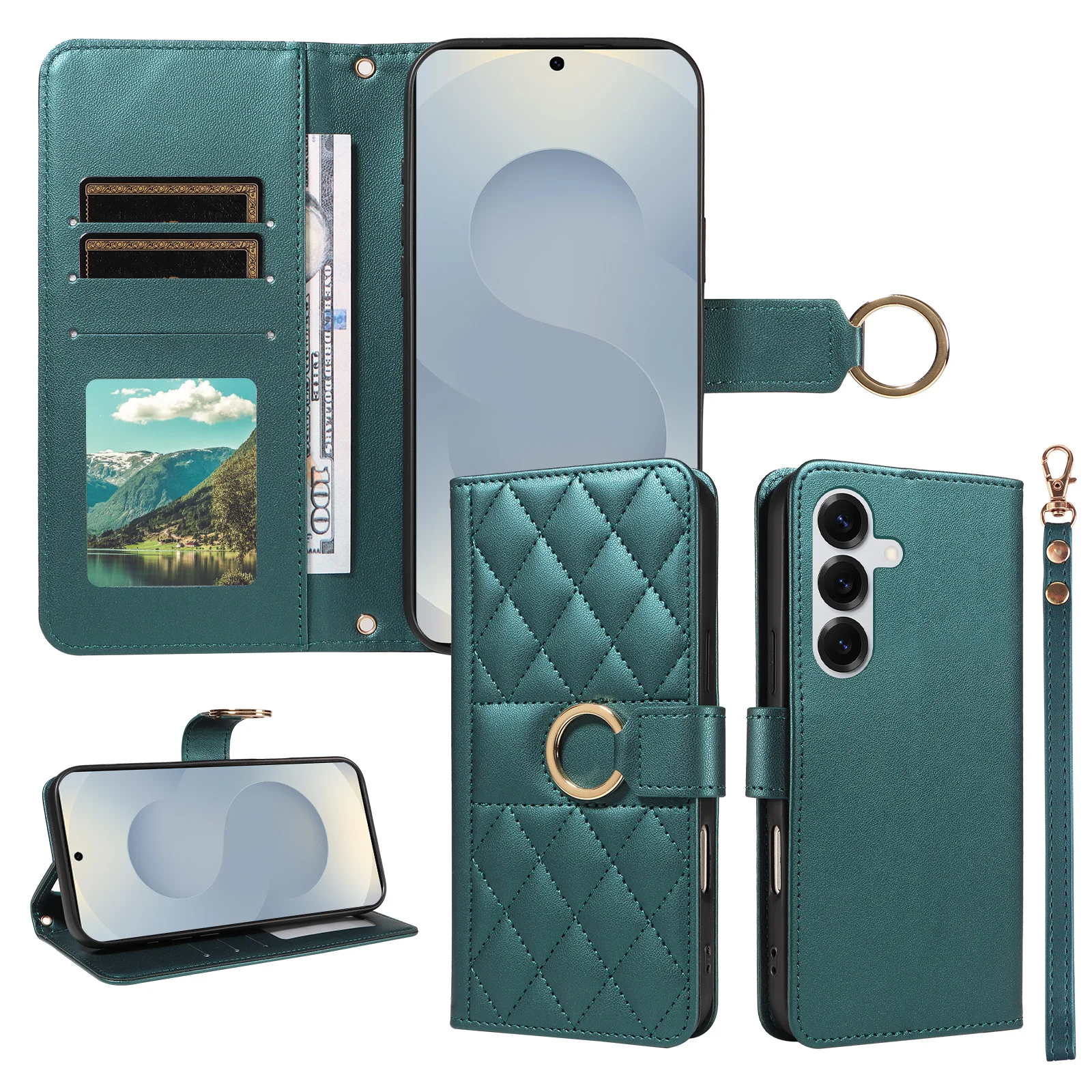 Embroidered Flip Cover Protective Case for Samsung A57.A56.A55.A54.A17.A16.A15 Series, Wallet-Style Phone Case with Fashionable Hand Strap, Ring Holder, Magnetic Design, Faux Leather Phone Cover