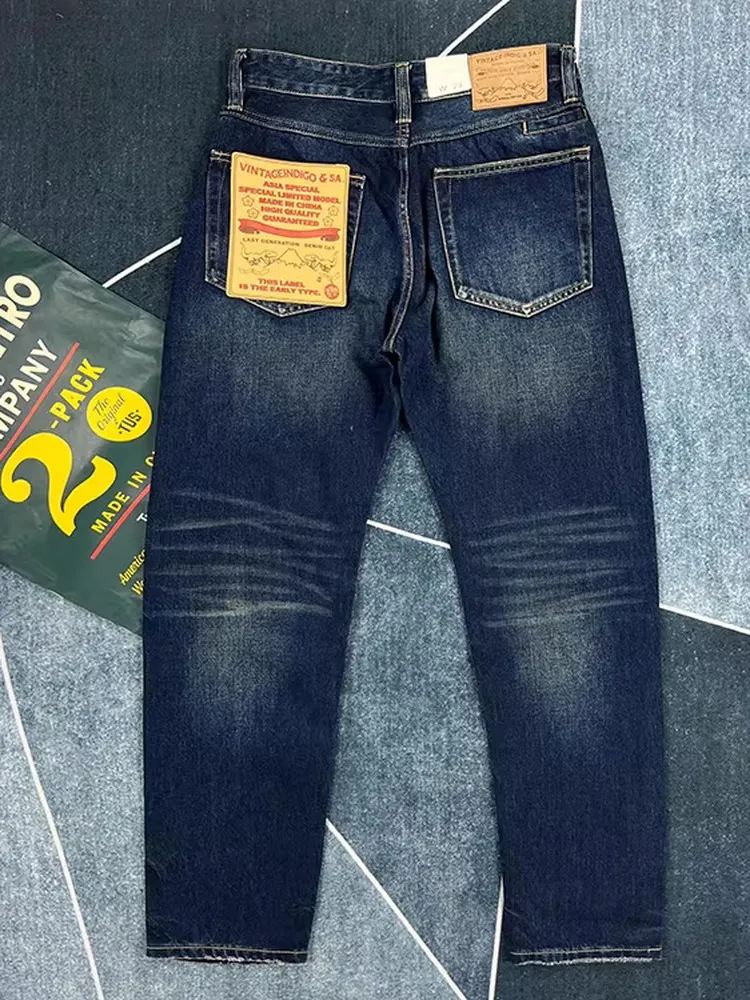

Heavyweight Pure Cotton Men's Jeans mid Waist Thick Denim Casual Deep Blue Winter Straight Leg Retro American Style Jeans
