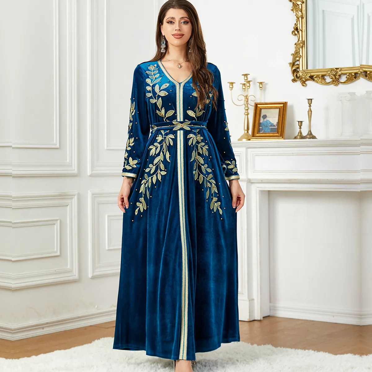 abaya muslim women solid color Autumn and winter embroidered beaded velvet dress traditional muslim clothing accessories 3753