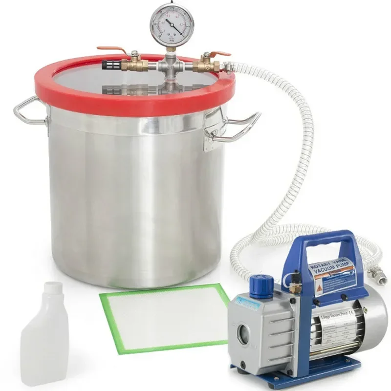 220V RS-1 Rotary Vane Vacuum Pump 2 Gallon(6L)Stainless Steel Vacuum Degassing Chamber, Defoaming Barrel for Epoxy Resin  Glue