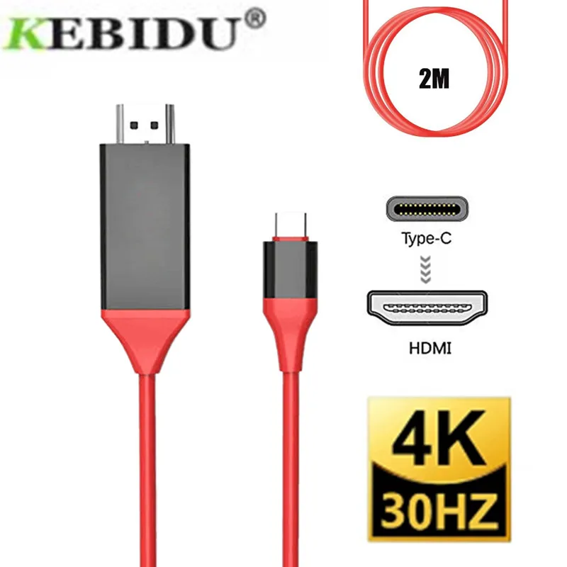 KEBIDU 2m Type-C USB-C-HDMI 호환 HDTV 4K @ 30Hz 케이블 Samsung Galaxy Note 8 9 S10 + Plus USB C HDMI-com' 케이블