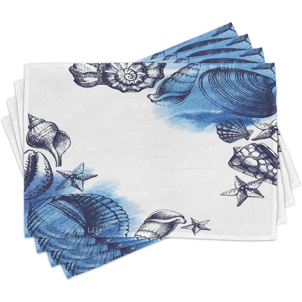 Ocean Sealife Sea Shells And Sand Stones Deep Water Star Fish Blue Toned Design Washable Fabric Placemats For Dining Table