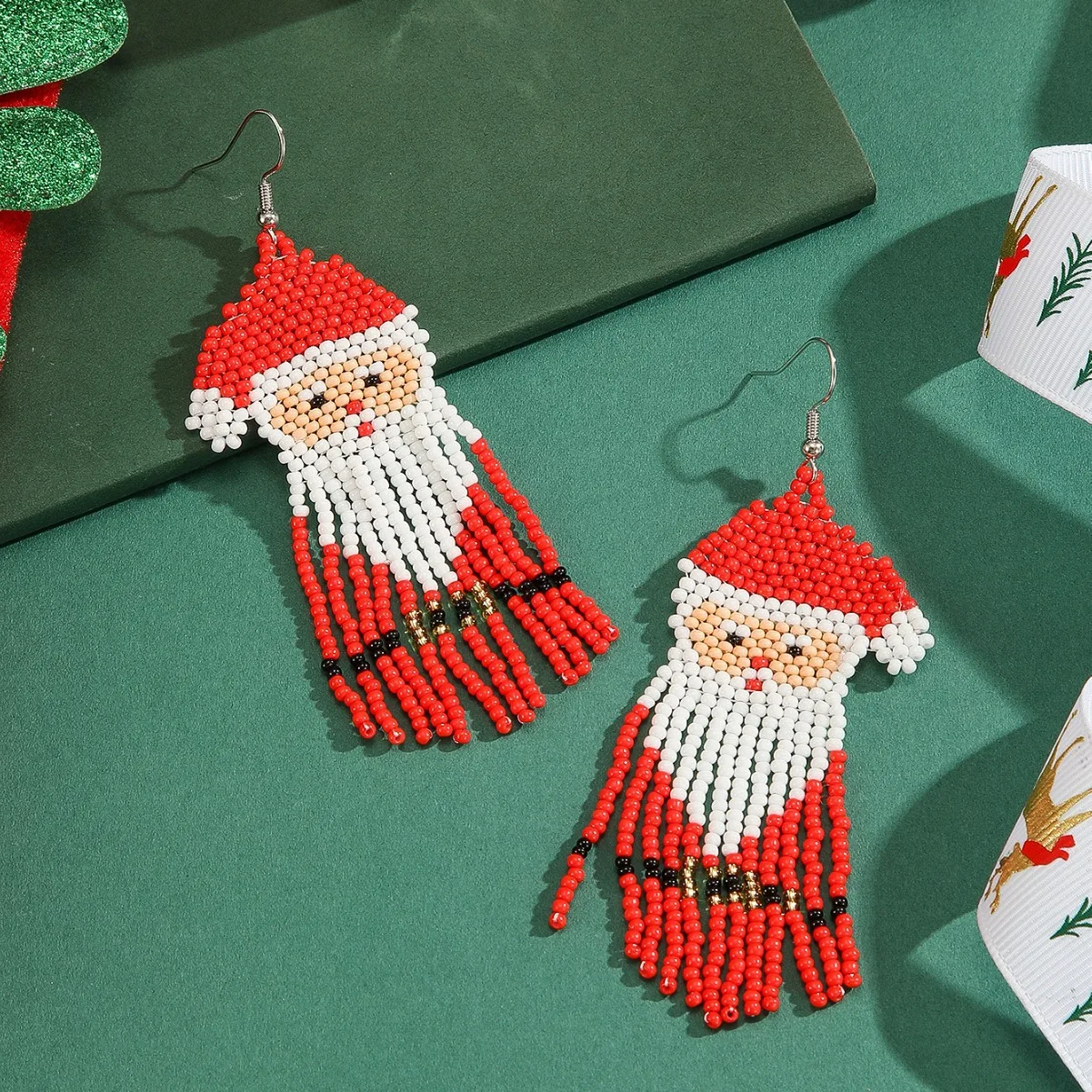 Beaded earrings Tassel Christmas Santa Claus Design Originality Hand knitting Bohemia Alloy Tide Simple Rice bead earrings