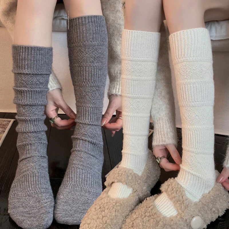 

Diamond Grid Solid Color Calf Socks Retro Harajuku Women Stockings Korean Japanese Autumn Winter Warm Trendy Casual Long Socks