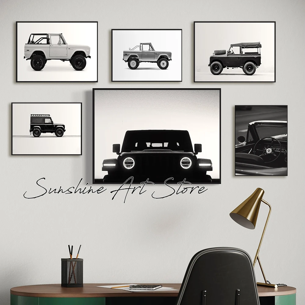 Vintage Black and White Muscle Car Photography Classic Vintage Off-road Vehicle Poster Canvas Painting Wall Pictures Home Decor
