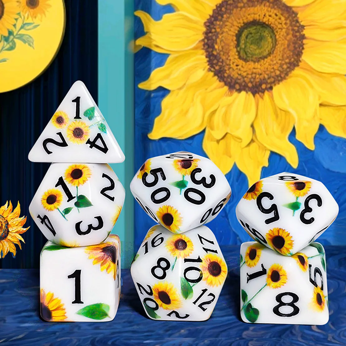 7pcs Sunflower Printed DND Dice Set Polyhedral Acrylic Dice for D&D RPG MTG Tabletop Games