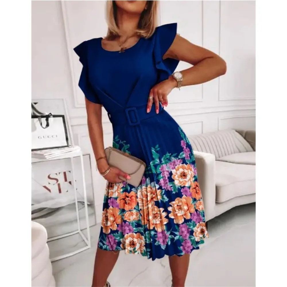 Nuevo vestido de cuello redondo con temperamento a la moda para mujer, vestido informal con estampado Floral y cintura plisada con borde con volantes