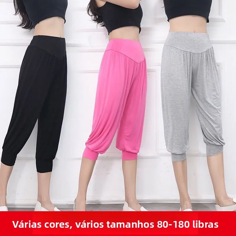Calças Lanternas Femininas de Cintura Alta em Modal, Soltas, Tamanho Grande, para Esporte, Yoga e Lazer, em Algodão Fino, Mod...