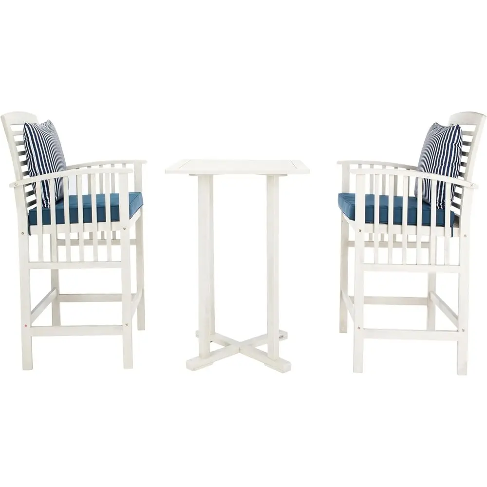 

3-Piece White/Navy Outdoor Bar Table Set with Cushions and Stripe Pillows