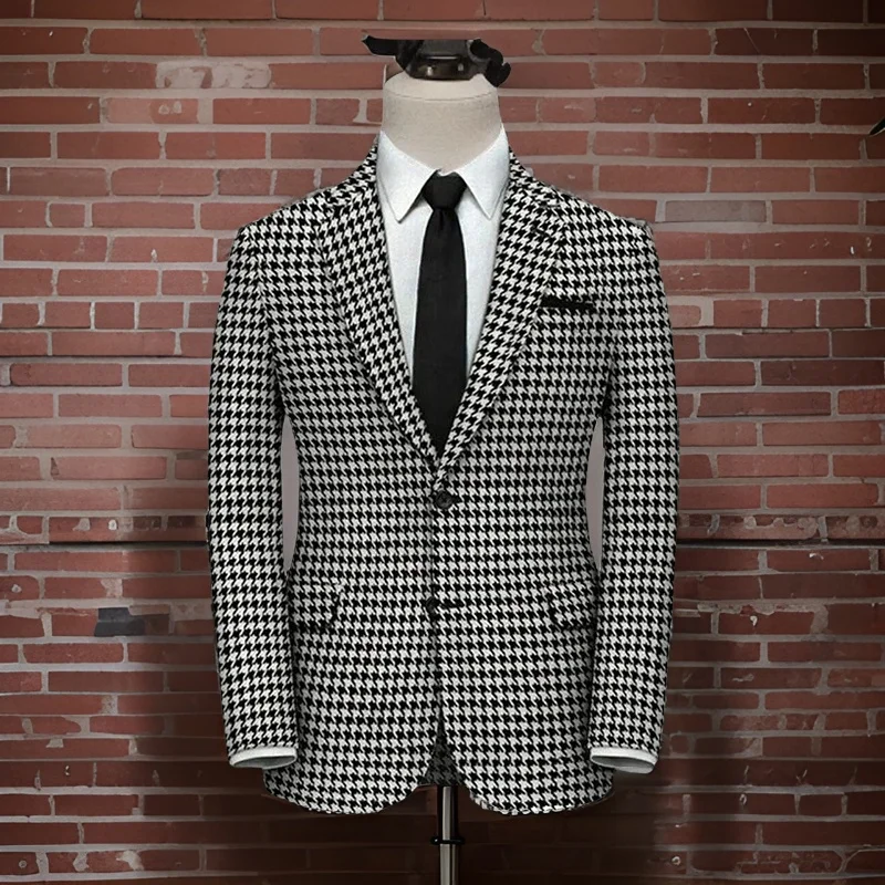 Plaid Blazer for Men 1 PCS Suit Jacket with Side Slit Slim Fit Houndstooth Checked Casual Coat 2024