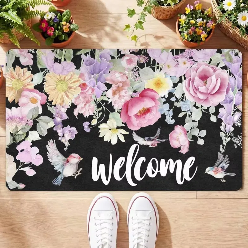 VIKAMA Watercolor Flower Hello Doormat for Kitchen Hallway, Noise Reducing & Machine Washable, Home Furniture Decor
