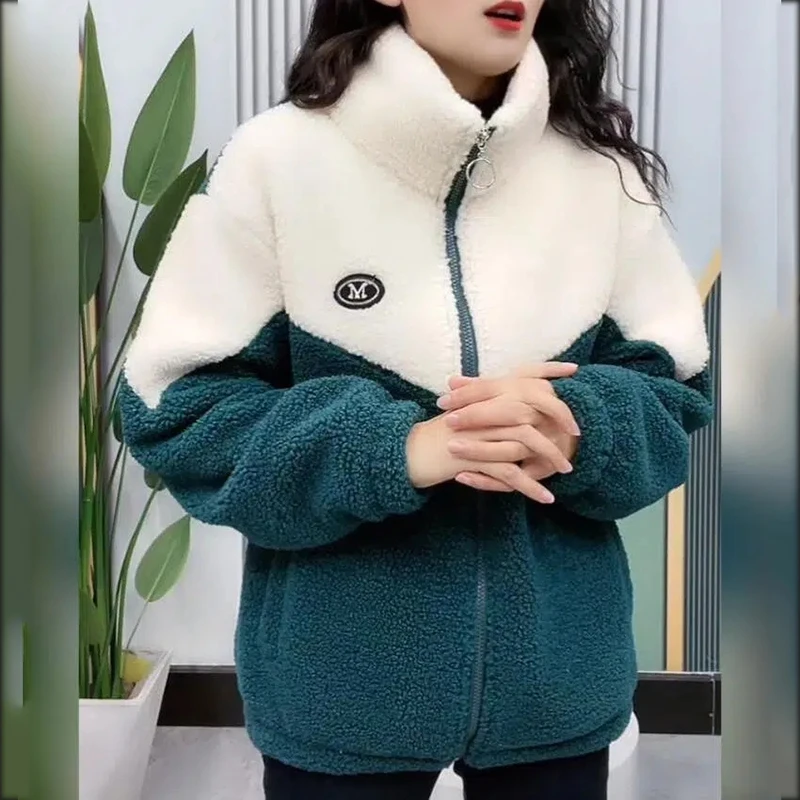 Autumn Winter Fleece Fluffy JacketStreetwear Harajuku Fuzzy Zipper Coat Woman Lightweight Jacket Plush Warm Jacket Splice Coat