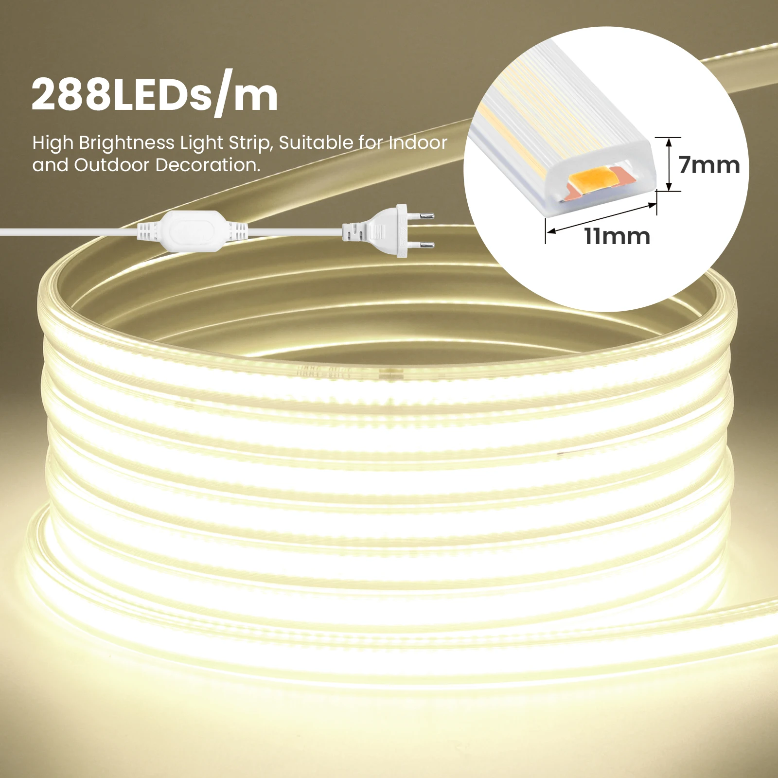 

110V 220V COB LED Strip 288Leds/M IP67 Waterproof Flexible Ribbon for Room Kitchen Outdoor Garden Lighting EU/US/UK Plug
