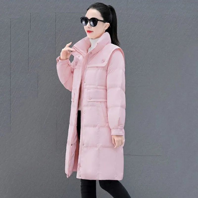 Winter Long Down  Women's 2023 New Western Fashion Loose Hooded Warm And Cold White Duck Down Waist PocketCoat Female Tide