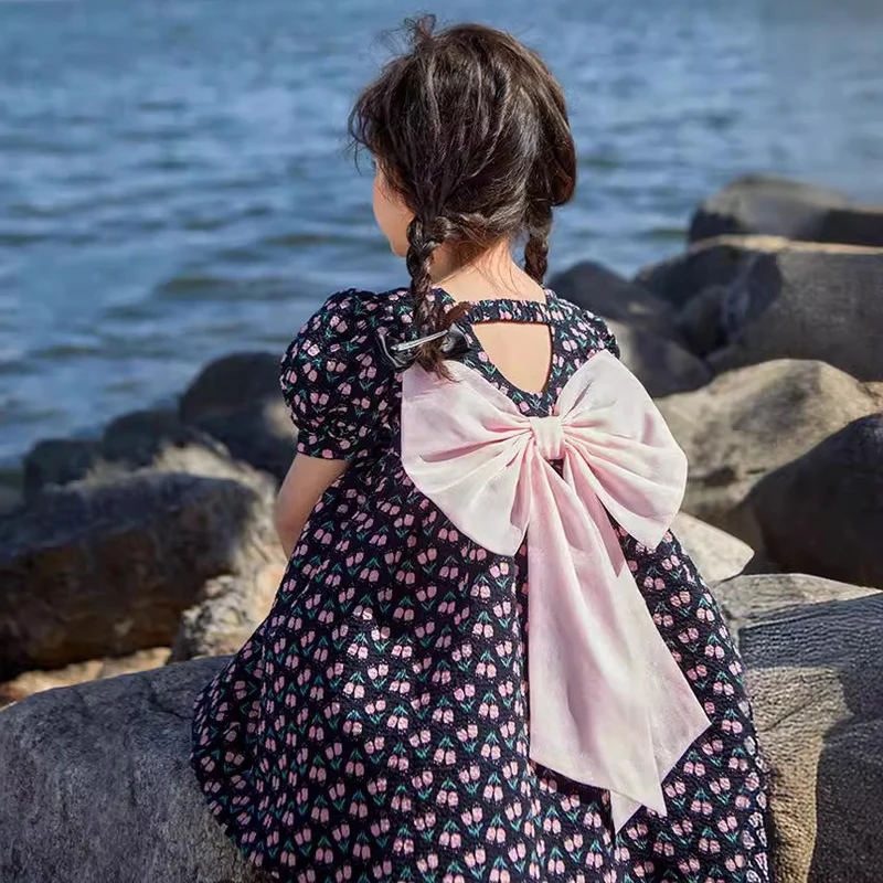 Children Birthday Present Clothes New Summer Princess Girls Dress Short Sleeve Big Bow Full Print Dot Dress For 2-10 Years Old