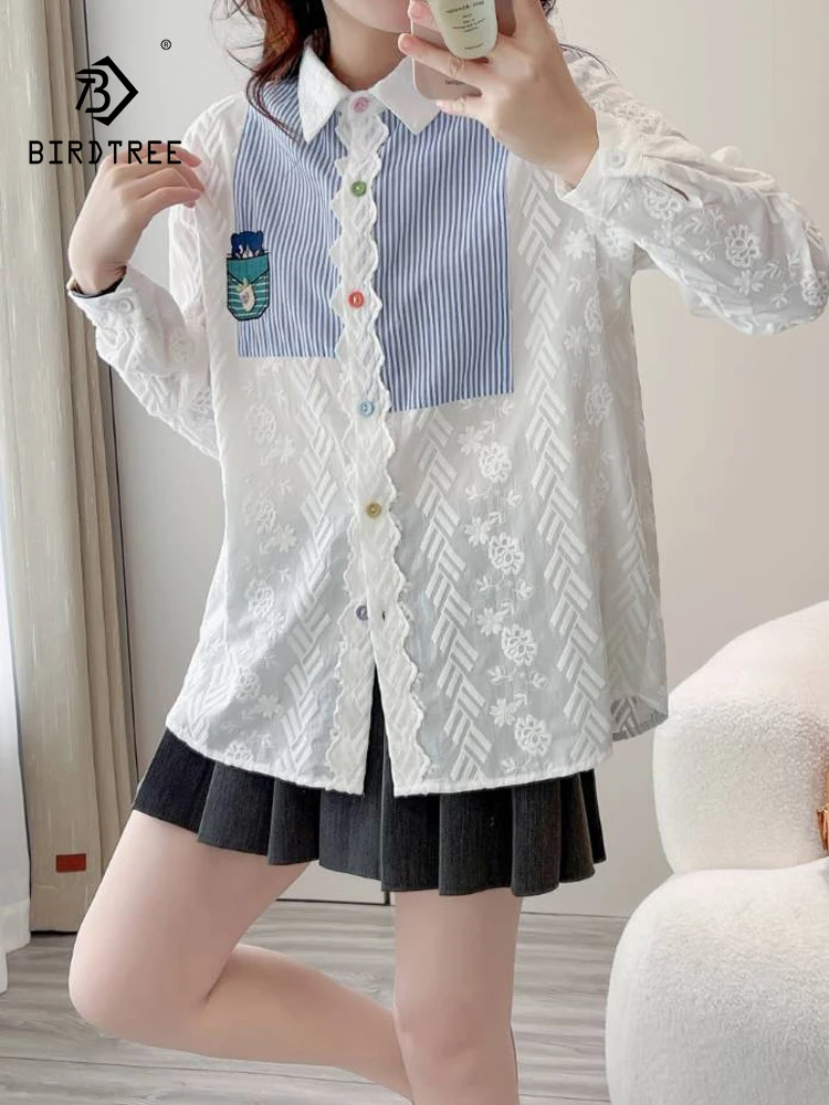 

New 2025 Autumn Cotton Long Sleeve Shirt, Women Turn-down Collar Striped Embroidery, Mori Girl OL French Loose Blouse T58958CC