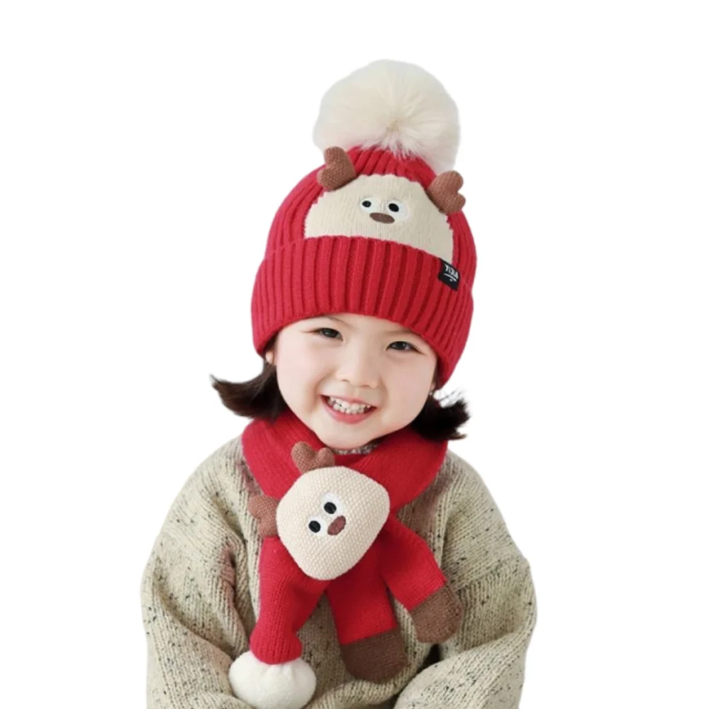 

2Pcs Sweet Kawaii Children Hat Scarf Set Thickened Coldproof Cartoon Warm Scarf Keep Warm Soft Knitted Beanies Hat Infant