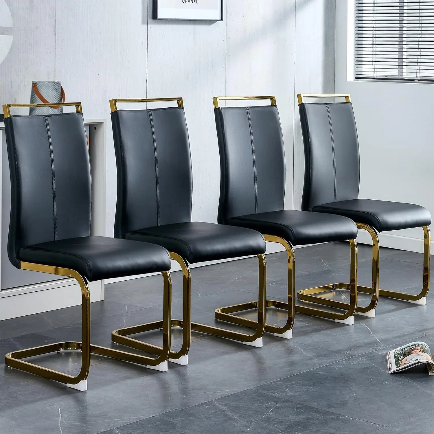 Modern Dining Chairs Set of 4 High Back Black Kitchen Chairs Faux Leather Side Chair with Gold Plated Metal Legs Gold Leg