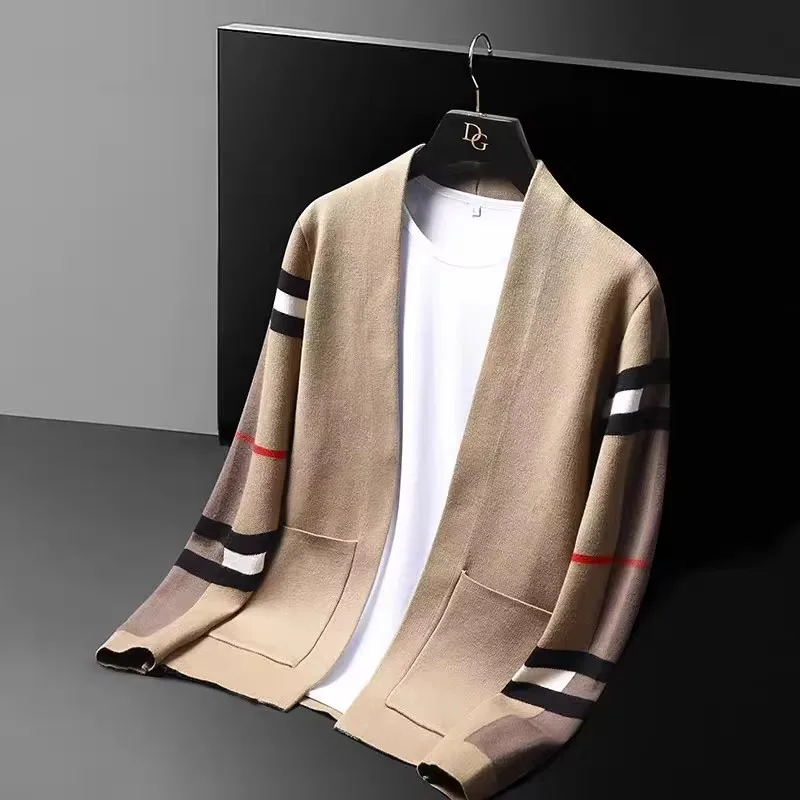 

High-end striped color blocked knitted cardigan men's fashion luxury brand designer new Autumn casual sweater coat pocket shawl