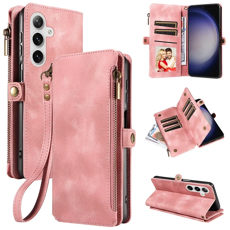Flip Rits Portemonnee Kaarten Solt Leather Case voor Samsung Galaxy S25 Ultra S24 Plus S23 S22 A55 A15 A35 A34 A54 Telefoon tassen Cover