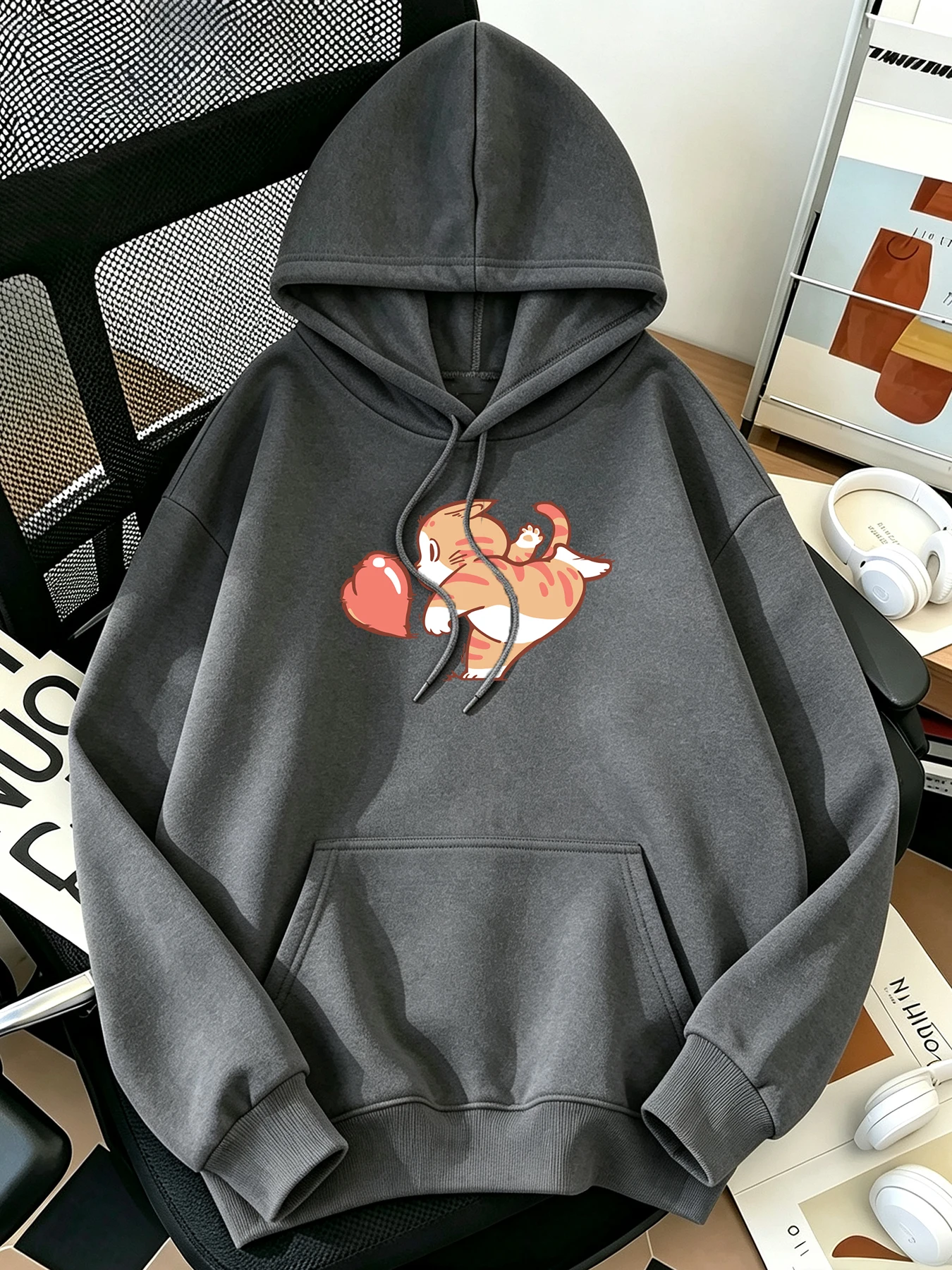 Cartoon Cat Throws Red Love Pattern Printed Woman'S Sport Pullovers Warm All-Match Hoodies Soft Loose Clothing Fleece Sports Top
