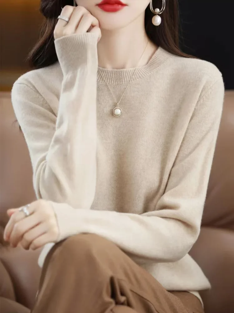 

Fashion 100% Merino Wool Sweater Elegant Cashmere Pullover Women O-Neck Long Sleeve Knitwear Basic Clothing Jumper Tops 2025
