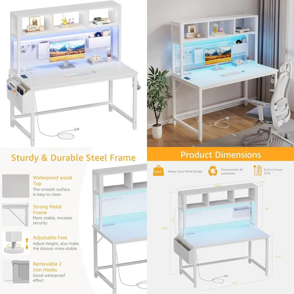 47 Escritorio para computadora blanco moderno con aparador, tomas de corriente y tablero perforado para adolescentes