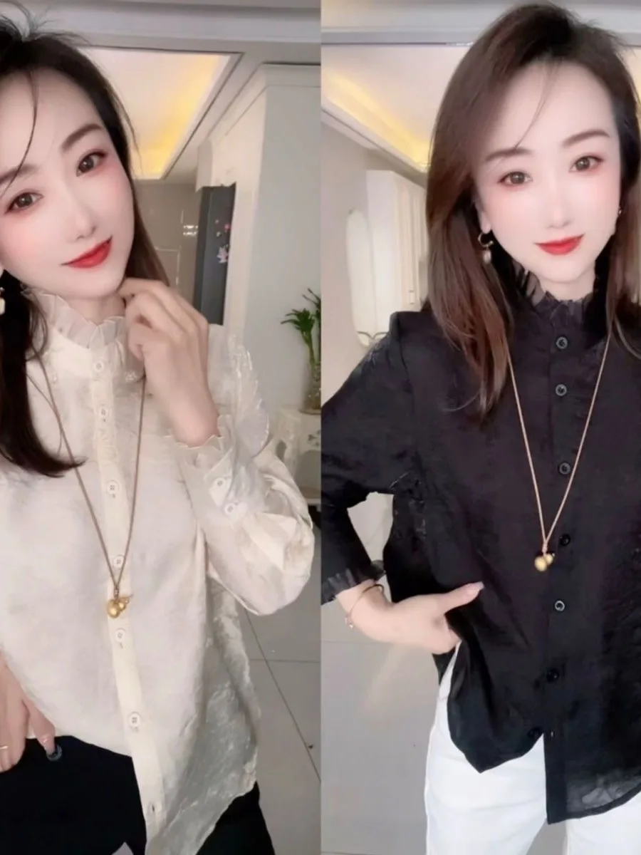 

Модная блузка с длинным рукавом, воротником с рюшами и плиссированным дизайном, новинка ранней осени, стиль для повседневной носки, свободная рубашка из полиэстера.