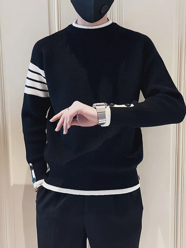 

Faionable Knitted Sweater for Men Trendy round Ne Overhead Long Sve Mid-Thi Youth Casual Wear Four Stripe Design