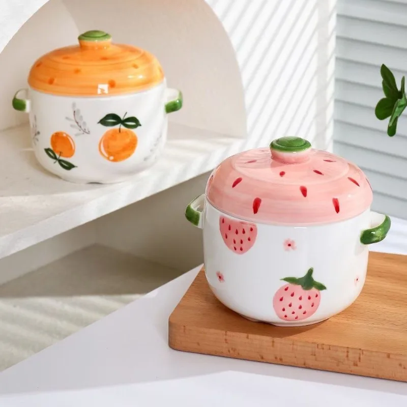 Ceramic Double Lid Double Ear Water-resistant Stew Pot, Cute Fruit Stew Pot Bird's Nest Dessert Cup, Household Kitchen Supplies