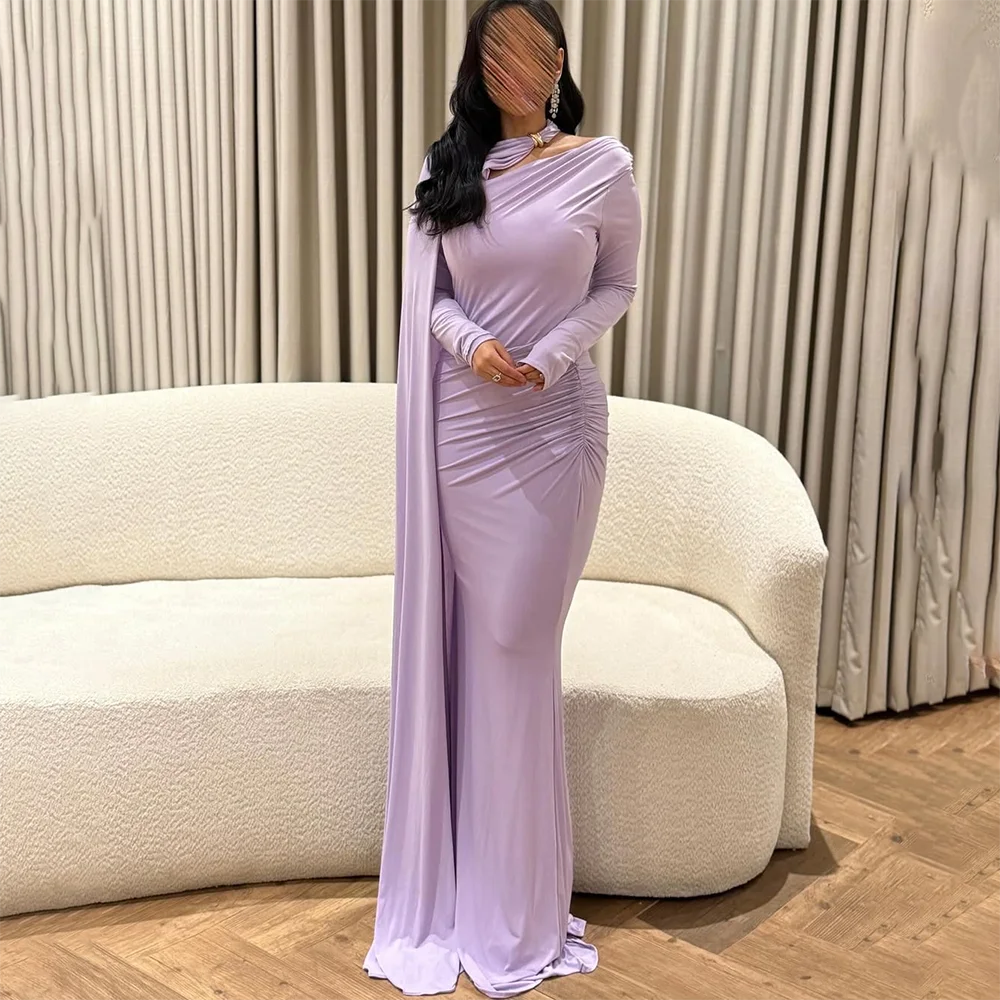 

Lilac Evening Dress Mermaid/Trumpet Halter Neck Long Sleeves Party Dresses for Women Pleat Floor Length Prom Gowns Customized